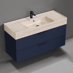 Floating Bathroom Vanity, Modern, Blue, 48 inch, Travertine Style Sink